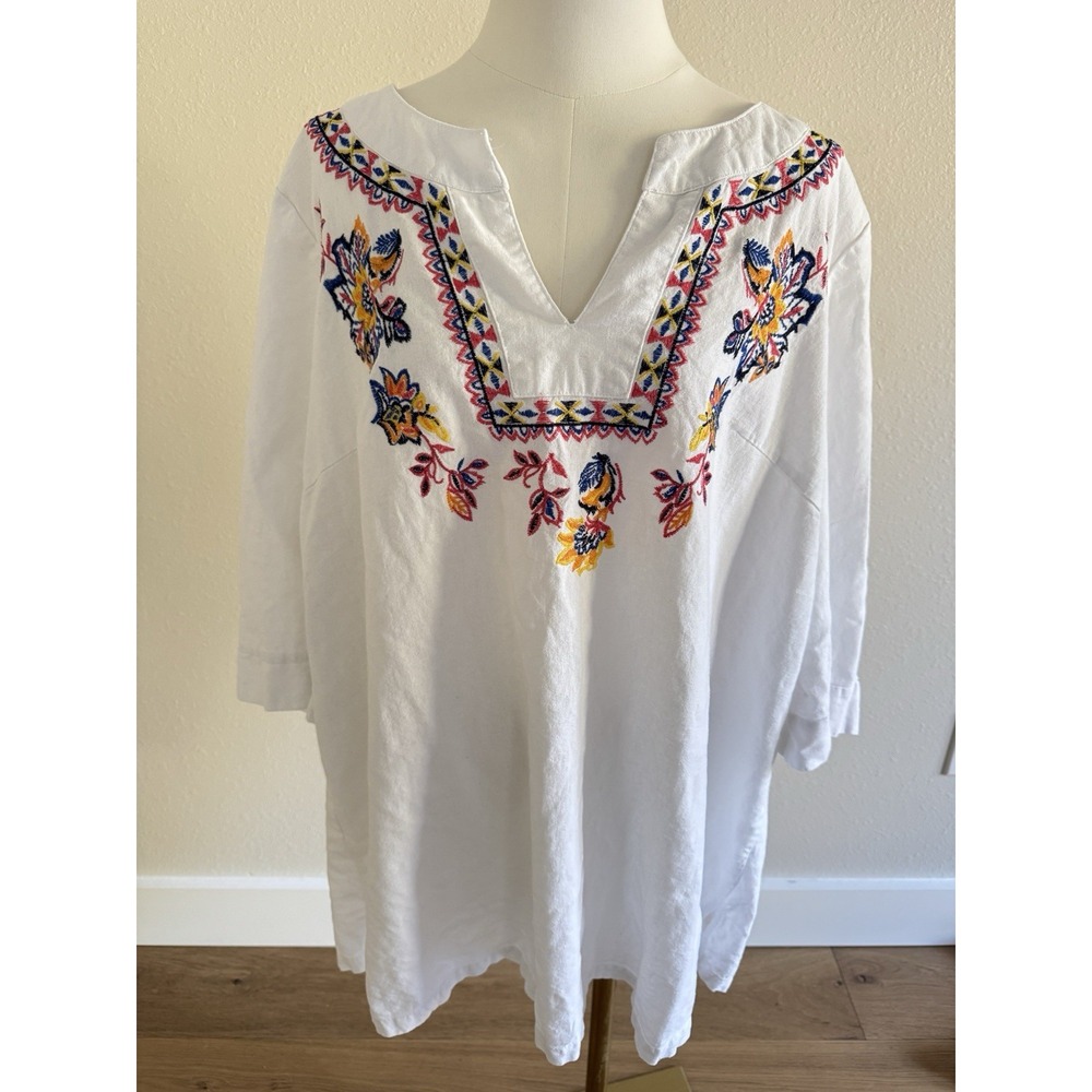 Jessica London Tunic Top Womens 24W White Linen Embroidered Boho Coastal Beachy